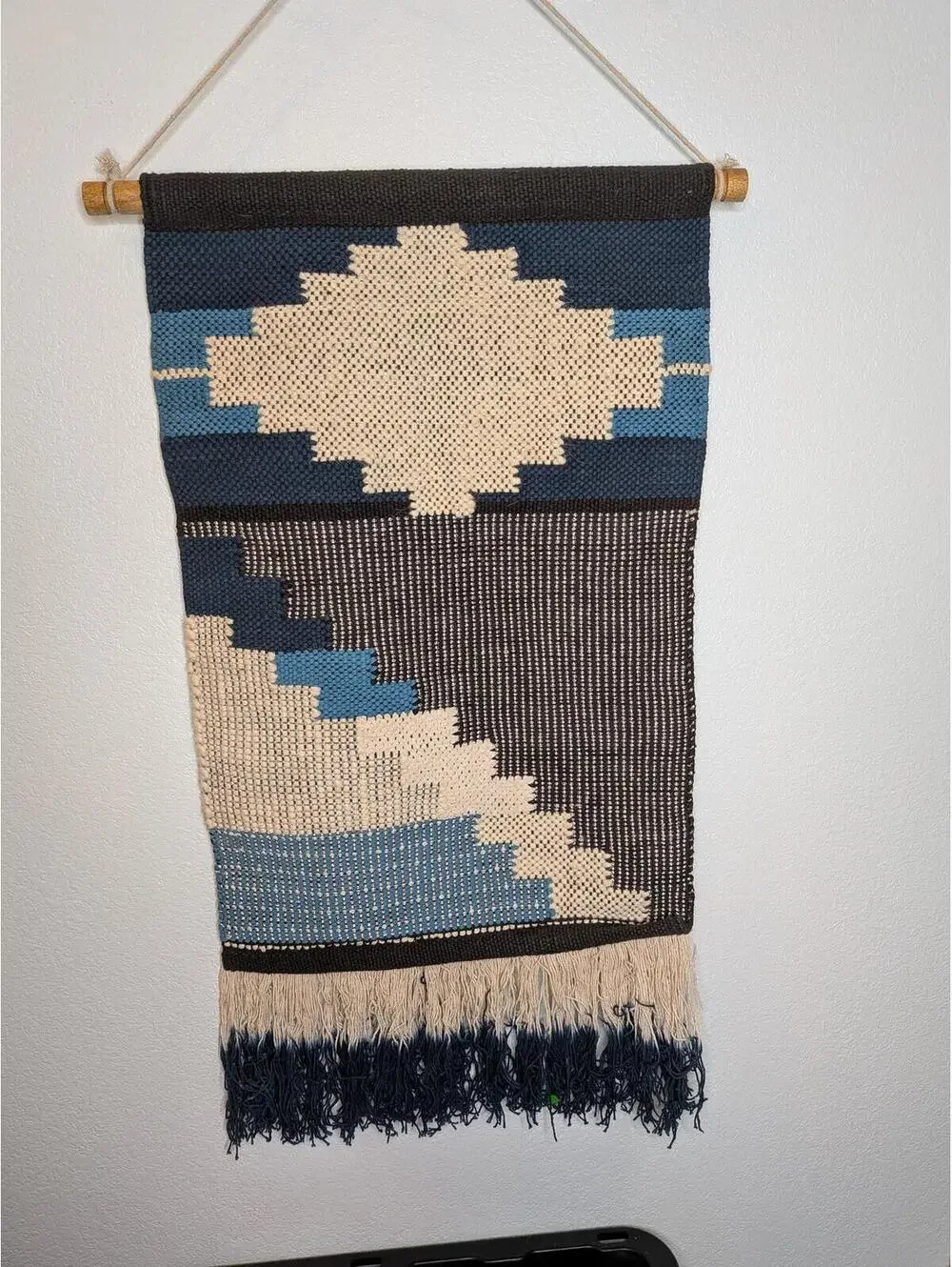 Boho Woven Wall Hanging Tapestry Blue Cream Fringe Geometric Decor